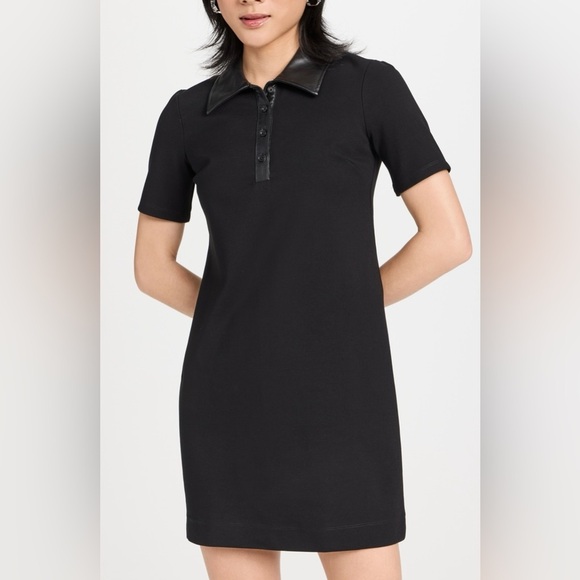NEW Staud Jay Polo Dress Sz S Black Faux Leather White Contrast Stitch Collar - Picture 1 of 10